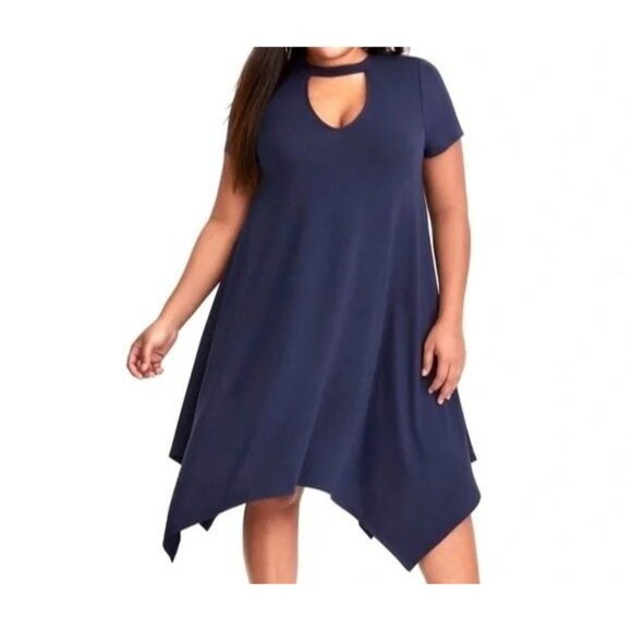 Torrid Trapeze Jersey Navy Dress Mirrored Keyhole CutOuts Short Sleeve Large/12 - Picture 2 of 7